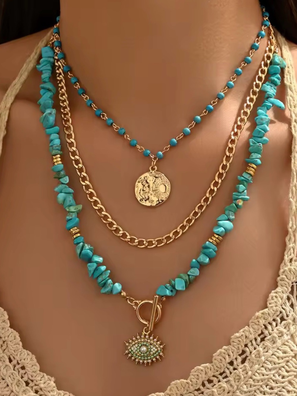 Boho Turquoise Evil Eye 3-Piece Layered Necklace Set Gold Tone Beach Statement